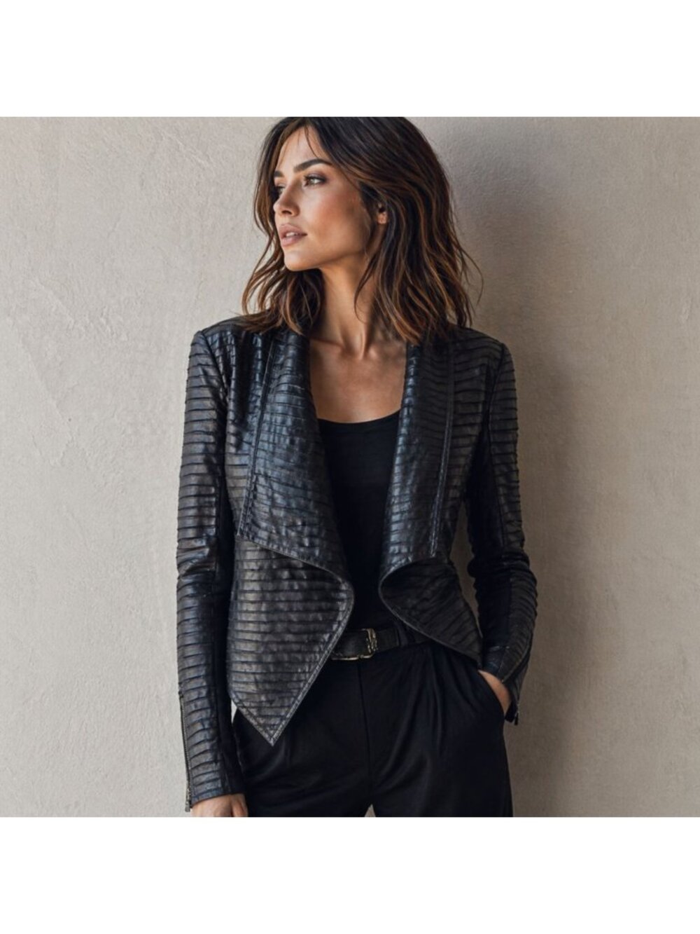 Marciano Black Lamb Leather Draped Moto Jacket Size 0 Textured Striped